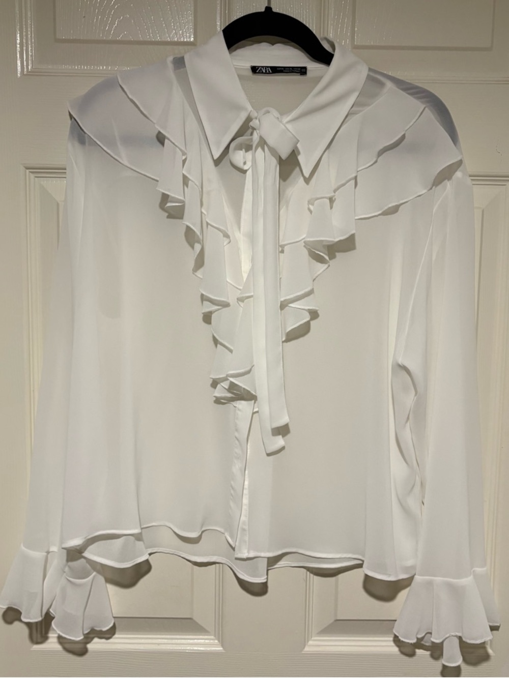 ZARA White Ruffle Tie-Neck Blouse